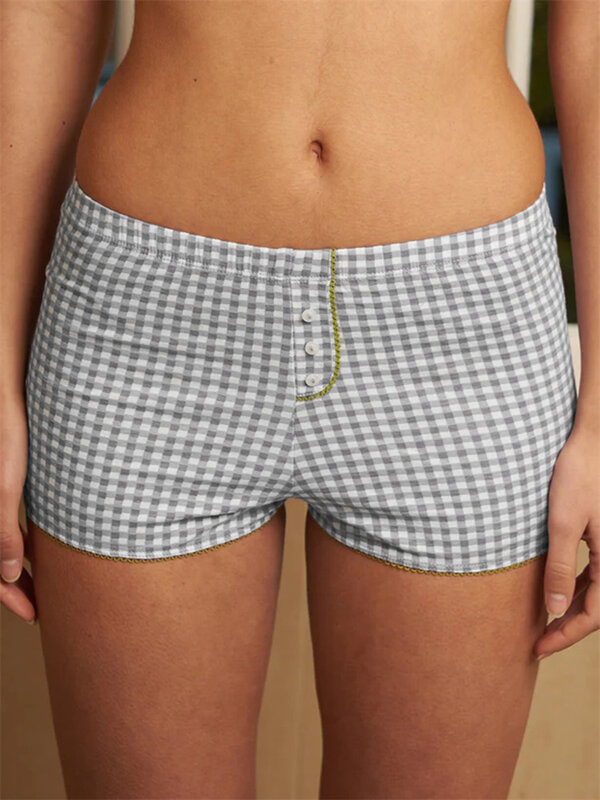 CHRONSTYLE-Shorts casuais de pijama feminino, cintura baixa elástica, calça curta xadrez estampada, botões de shorts lounge, slim fit, verão, 2024