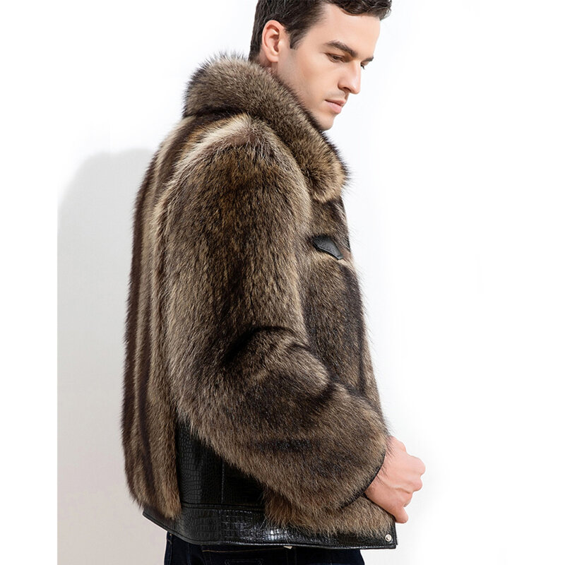 LUHAYESA 2022 Men Luxury Raccoon Dog Fur Coat Winter Real Fur Coats Casual Fashion Male Fluffy Fur Clothing