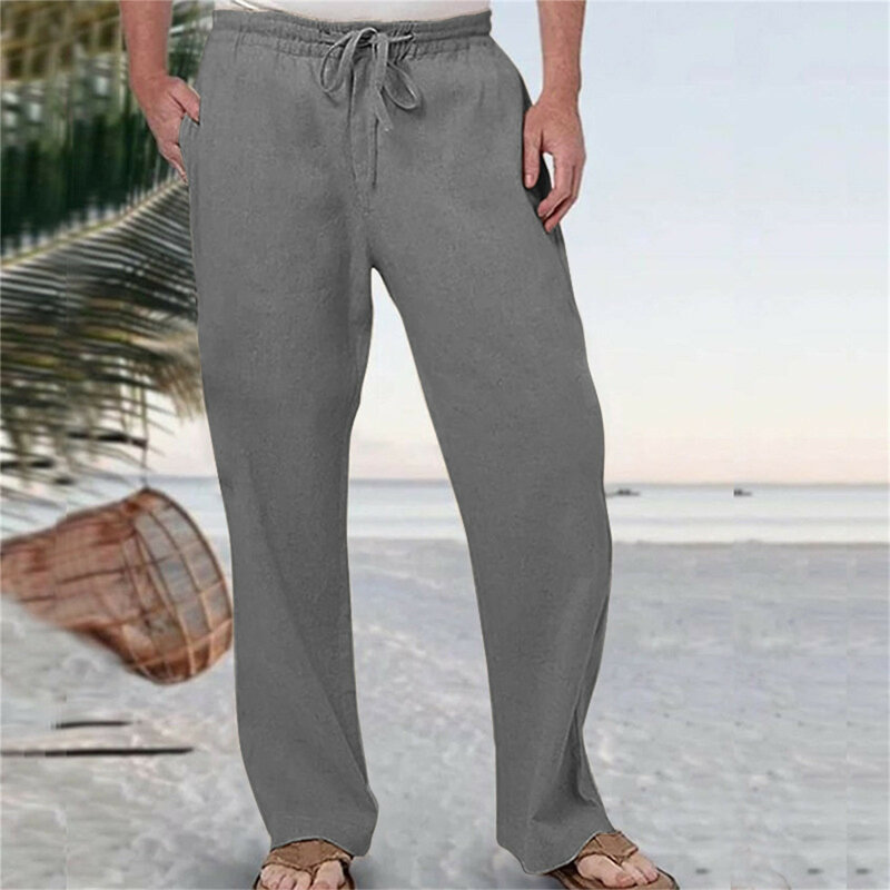 Брюки мужские длинные из хлопка и льна, повседневные однотонные дышащие штаны с эластичным поясом, в стиле Харадзюку, летние