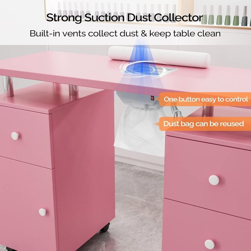 Manicure Table Nail Desk W/Electric Dust Collector Makeup Beauty Salon Storage Acetone Resistant W/Lockable Wheels Wrist Cushion