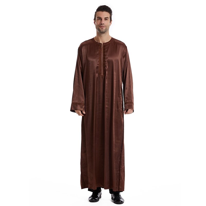 Халат в арабском национальном стиле для мужчин, простая повседневная одежда с круглым вырезом и полумолнией, осень 2023, модный однотонный мужской кафтан с длинными рукавами