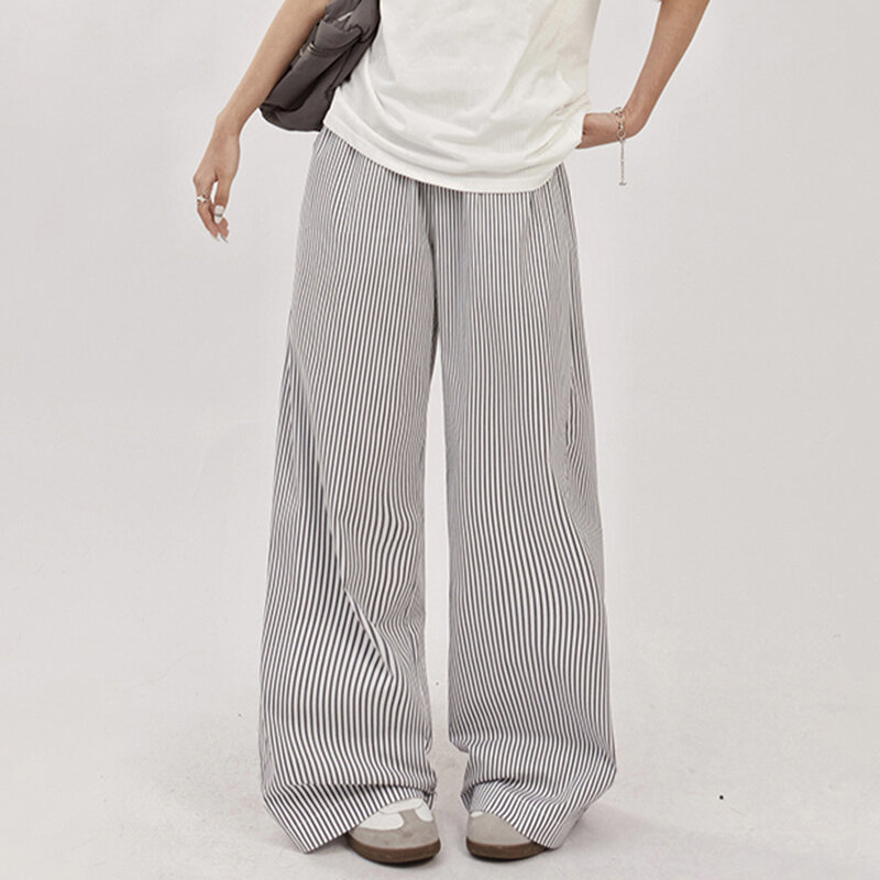 Pantalon Vintage à Rayures pour Femme, Long, Taille artificiel astique, Jambes Larges, Élégant, Décontracté, Droit, Nouvelle Collection Printemps Été