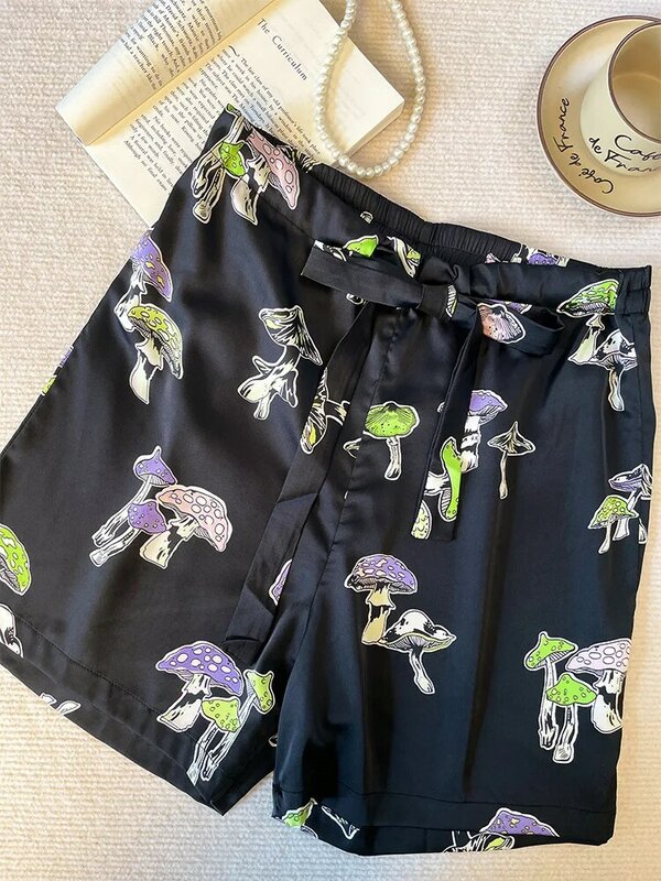 Пижама TXii Newlook с принтом в виде черных грибов, Новая Летняя шелковая Домашняя одежда с короткими рукавами, модная верхняя одежда