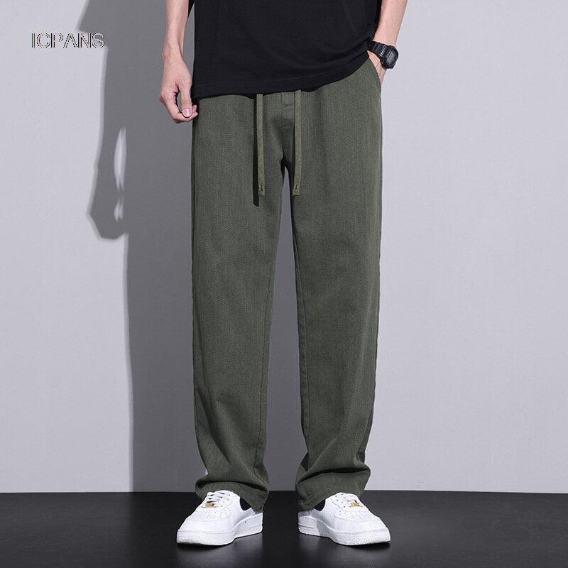 Pantalones de chándal informales para hombre, ropa de calle de algodón, holgados y rectos, con cordón, color negro y verde, Corea