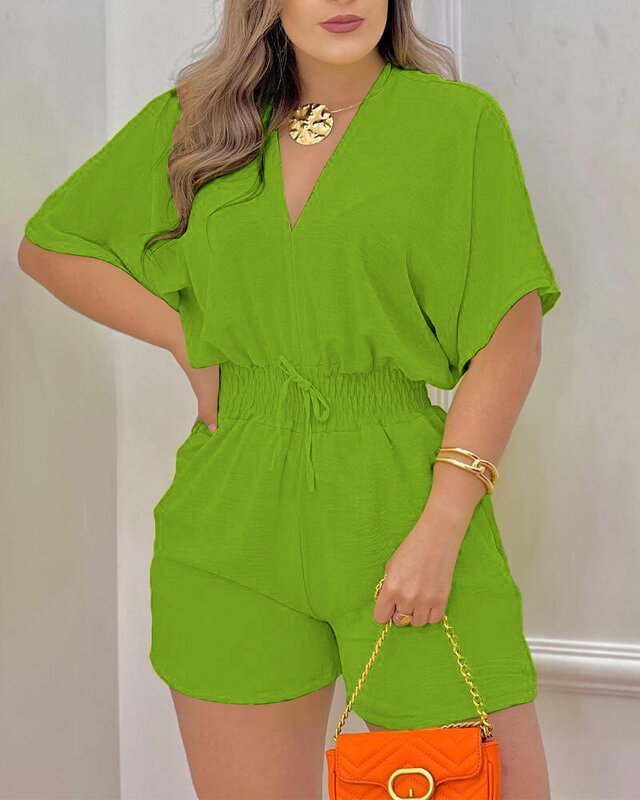 Summer Women Solid Color V-Neck Lace Up Playsuits Pullover Elastic Waist Shorts Half Sleeve Loose Fitting Casual Straight Pants