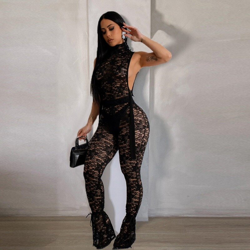 Women Sexy See Through Lace Two Piece Set Turtleneck Sleeveless Size Ribbon Tank Crop Tops Slim Flare Pants Party Clubwear Suits