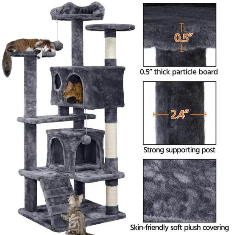 猫の木の塔の家具、子猫用のスクラッチポスト、ベージュ、大きなぬいぐるみ、プレイハウス、ペット、新しい、2022、54.5 "h