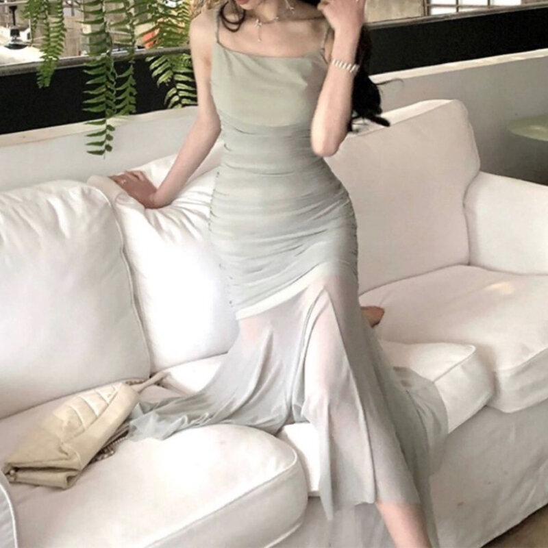 HOUZHOU elegancka imprezowa sukienki szyfonowe damska Fairycore koreańska jednoczęściowa długa, bez rękawów koronkowa sukienka Midi Bodycone seksowne urodziny