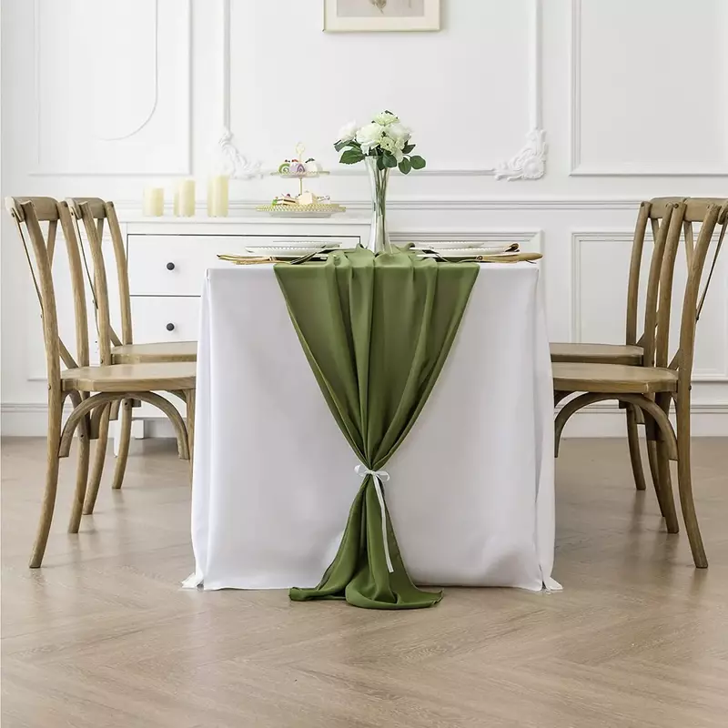 Taplak meja kain kasa sifon hijau zaitun 27.5x118 inci untuk meja pernikahan Pancuran bayi dekorasi meja makan tembus pandang