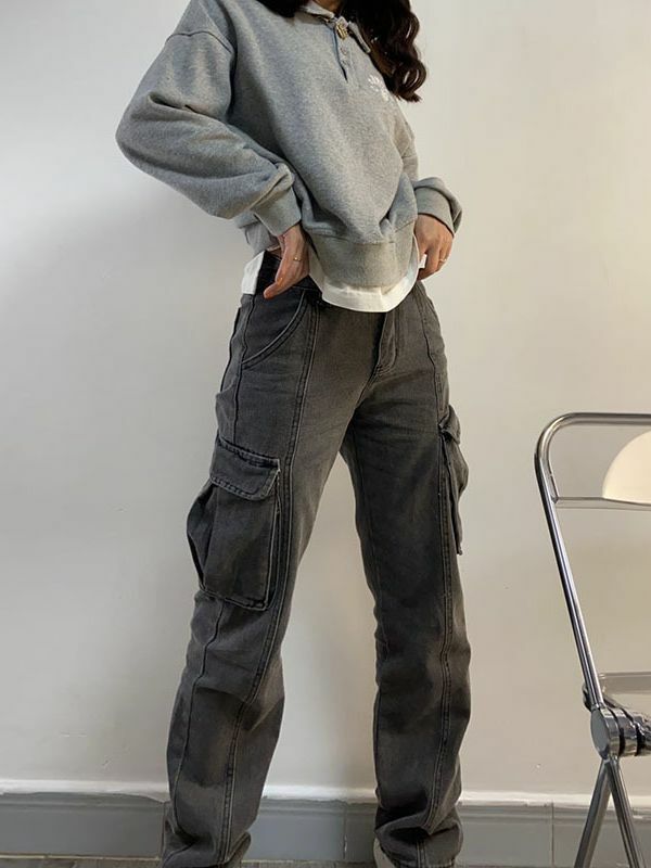 Pantalones vaqueros Cargo rectos para mujer, Jeans largos de cintura alta, con bolsillos y cremallera, estilo Retro, uso diario, novedad
