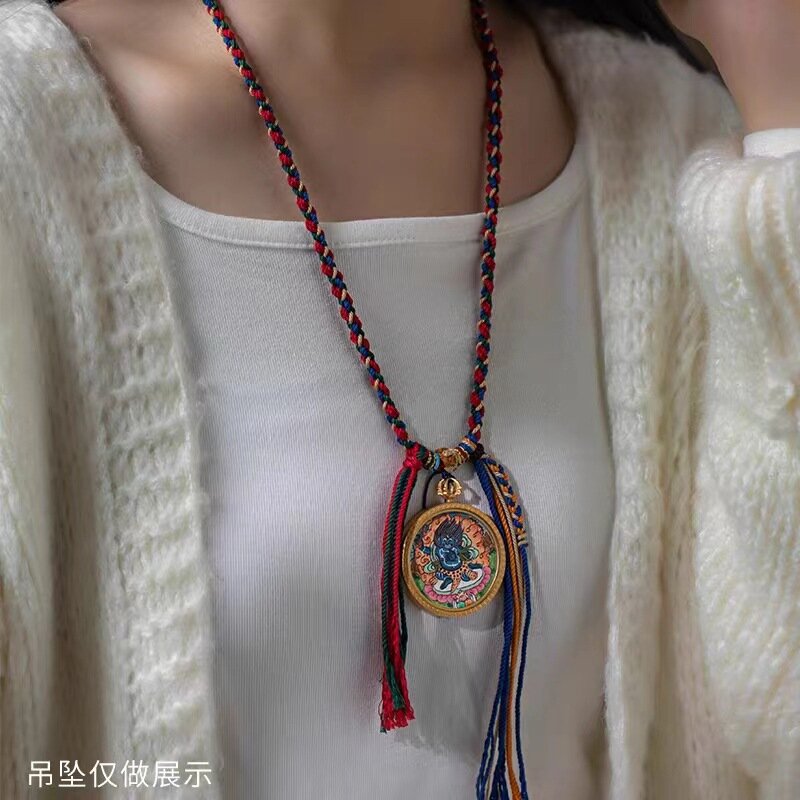 Tibetan-style Hand-rubbed Cotton Rope Neck Necklace Play Buddha Card Thangka Rope Hand-woven with Lanyard Ethnic Style Pendant