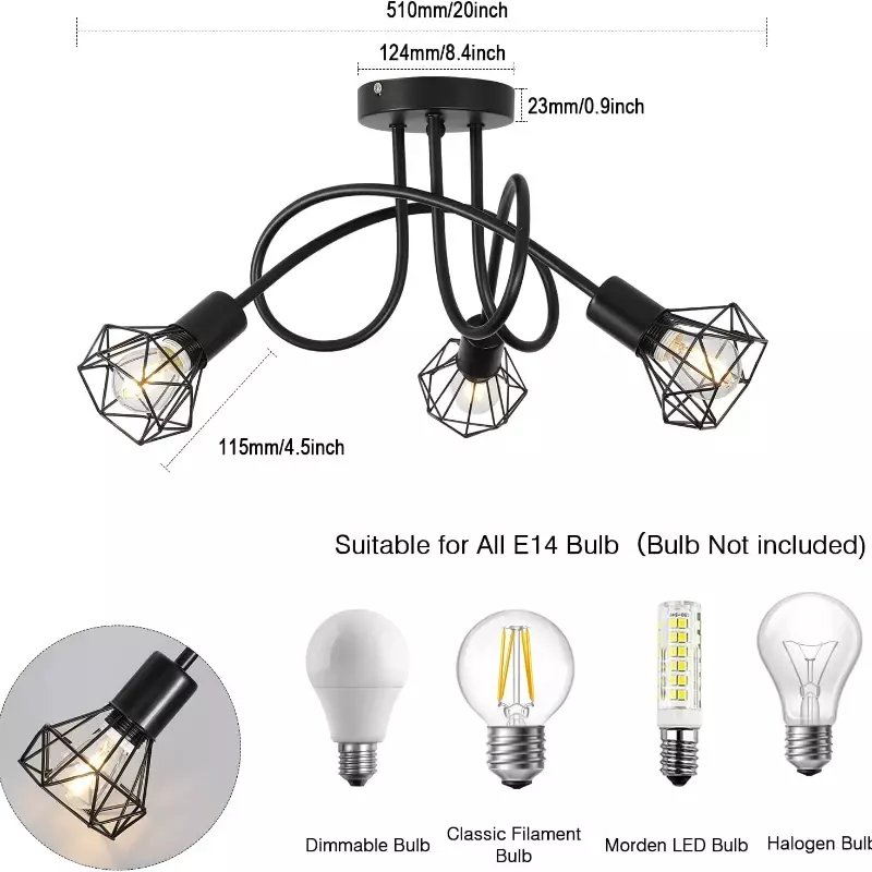 Moderno lampadario a LED a soffitto appeso a 3 teste griglia nera luci a sospensione in ferro battuto per l'illuminazione della camera da letto per soggiorno