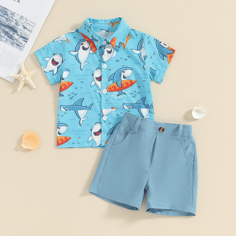 幼児用漫画プリント半袖ボタンダウンTシャツ男の子用トップス、伸縮性ウエストショーツセット、夏服、2個