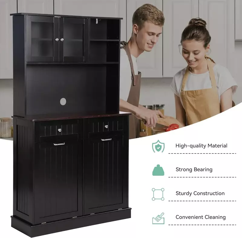 Kitchen Pantry Storage Cabinet, Microwave Cabinet with Tilt Out Trash Cabinet, Freestanding Kitchen Hutch