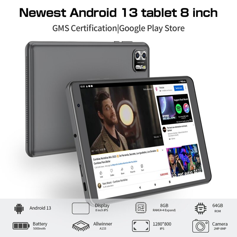 PRITOM-Tableta Android 13 de 8 pulgadas, 8GB RAM, 64GB ROM,1TB de expansión, pantalla IPS de 1280x800, batería de 5000MAH, cámara Dual, WiFi