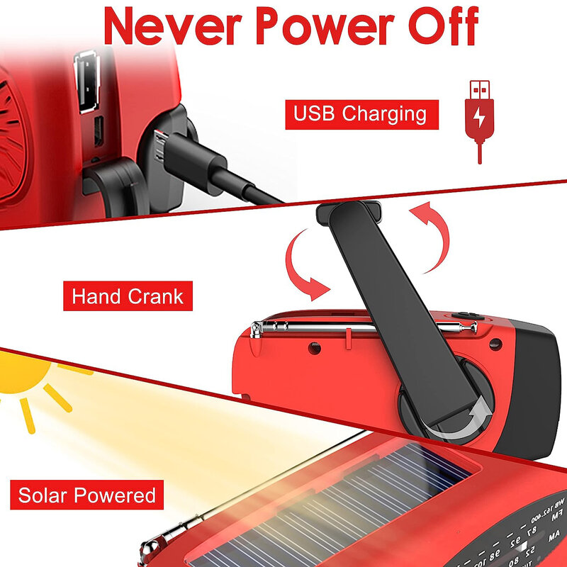 태양광 핸드 크랭크 구동 캠핑 조명, AM/FM 라디오, 야외 2000mAh USB 충전, 다기능 핸드 다이나모 LED 손전등