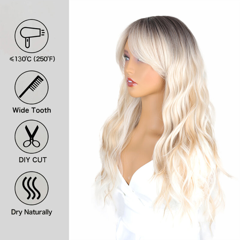 Synthetic Wig For Women  Long Wavy Hair With Bangs Daily High Temperature Silk Head Cover Fashionable Gradient White Set