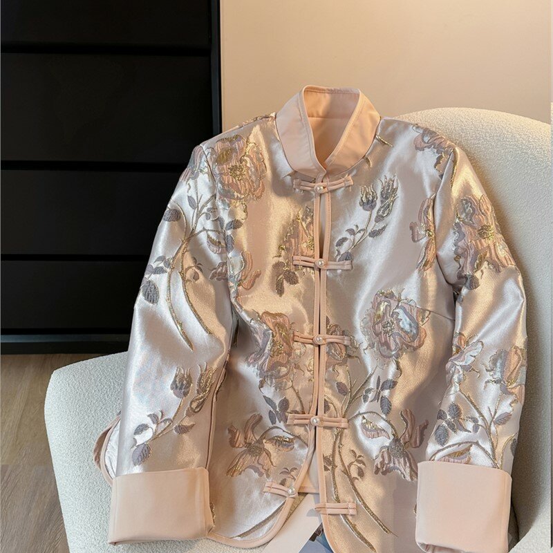 Różowy nowy płaszcz damski w stylu chińskim, krótki, satynowy top z haftem maszynowym Han
