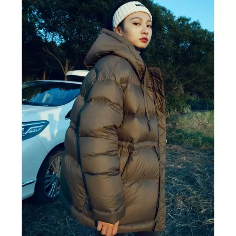 여성용 화이트 덕 다운 재킷, 미디엄 롱 백, 우아하고 푹신한 두꺼운 허리 코트, 한국 패션, 겨울 아우터, 신상