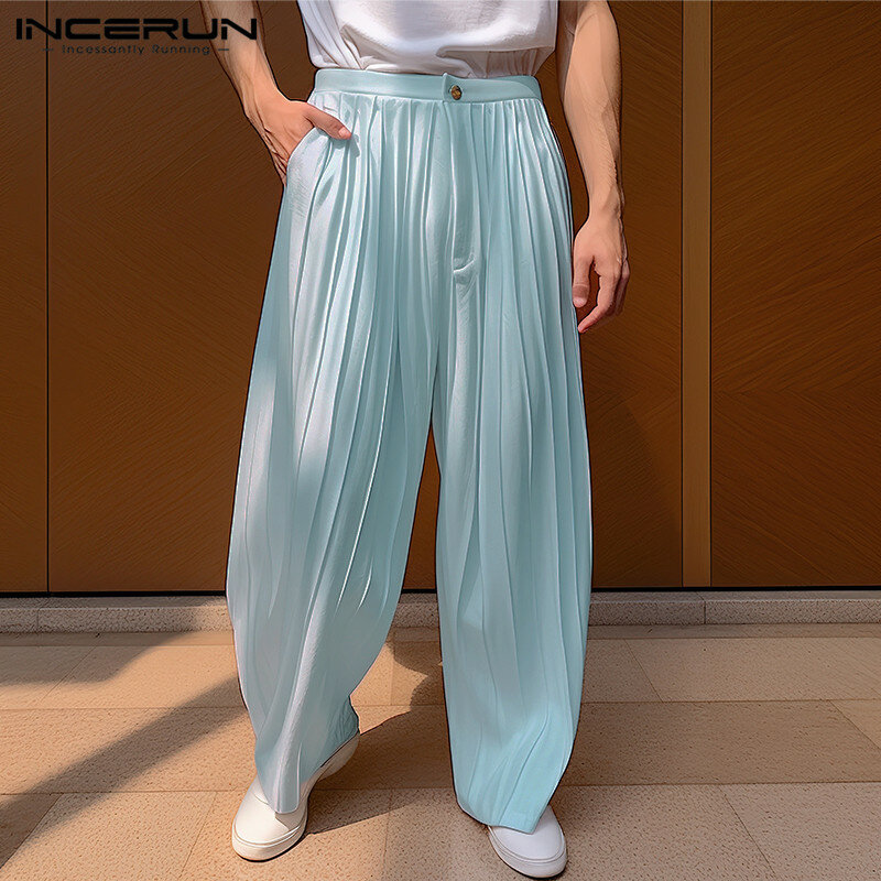 INCERUN Men Pants Solid Color Button Joggers Loose Pleated Casual Straight Trousers Men Streetwear 2024 Fashion Long Pants S-5XL
