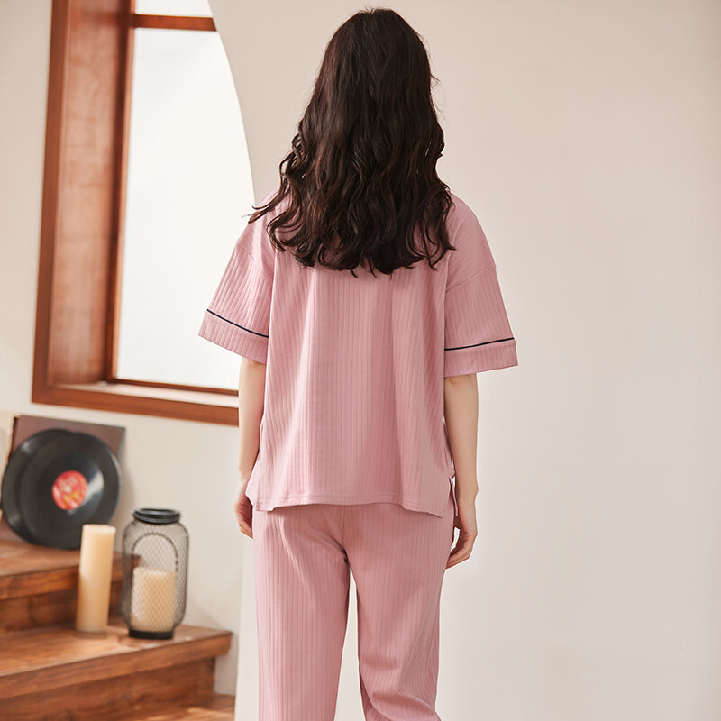 Summer Women Pajamas Set Ladies 100% Cotton Sleepwear Female Short Top+Long Pant Solid Pyjamas