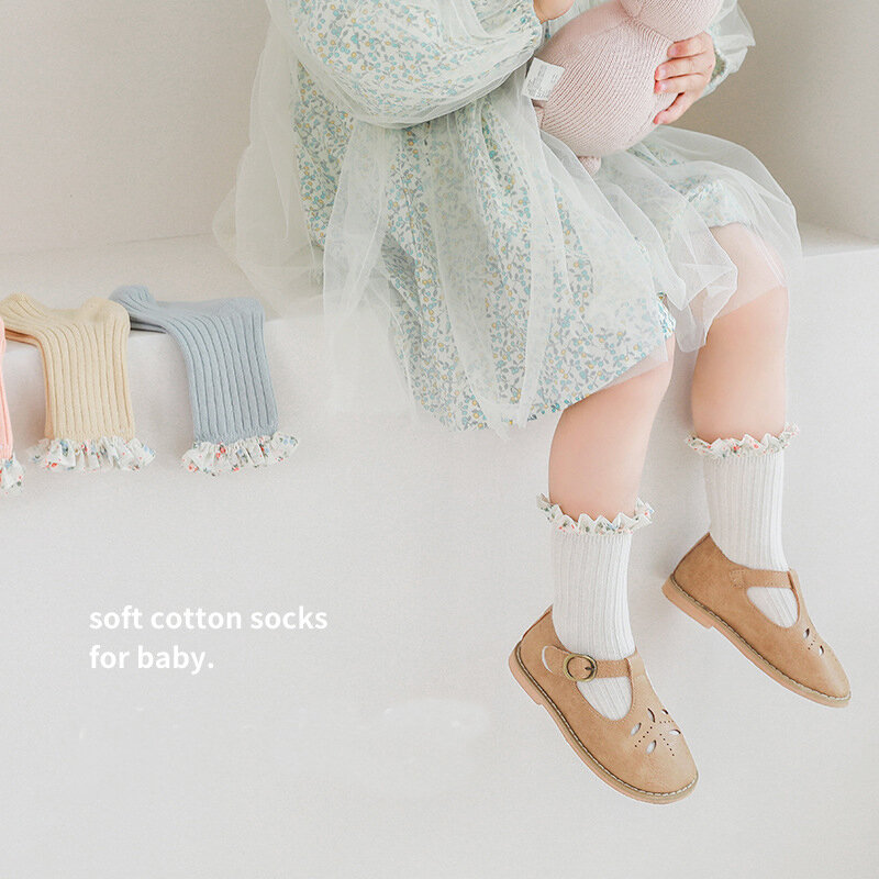 Infantil bebê meias primavera novas crianças da criança meninas longo algodão macio rendas floral babados crianças meias bebê recém-nascido meias da menina 0-8y