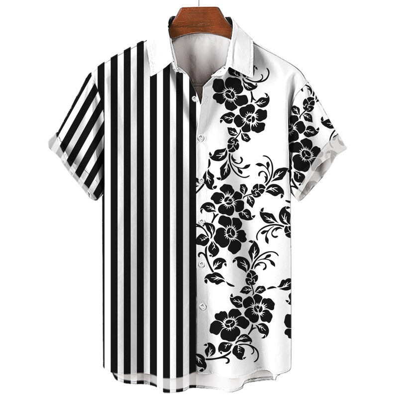 남성용 줄무늬 꽃 그래픽 패션 단추 셔츠, 반팔 라펠 스트리트웨어, 하와이안 블라우스 셔츠, 3D 프린트, 여름