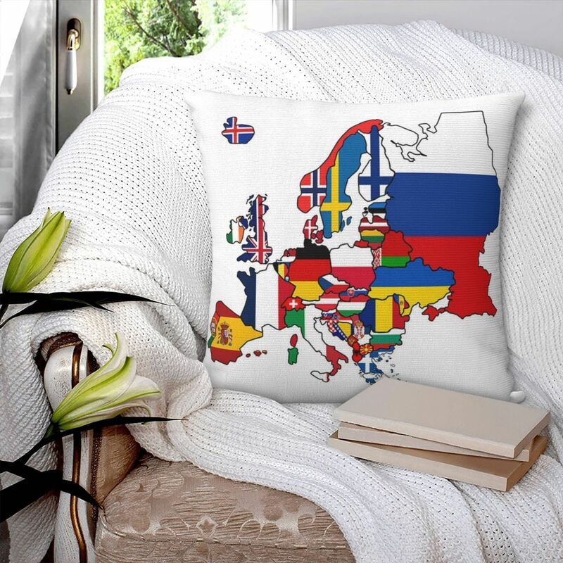 Funda de almohada cuadrada con mapa de la bandera de Europa, cojín de poliéster con cremallera, cojín decorativo, almohada cómoda para el sofá del hogar