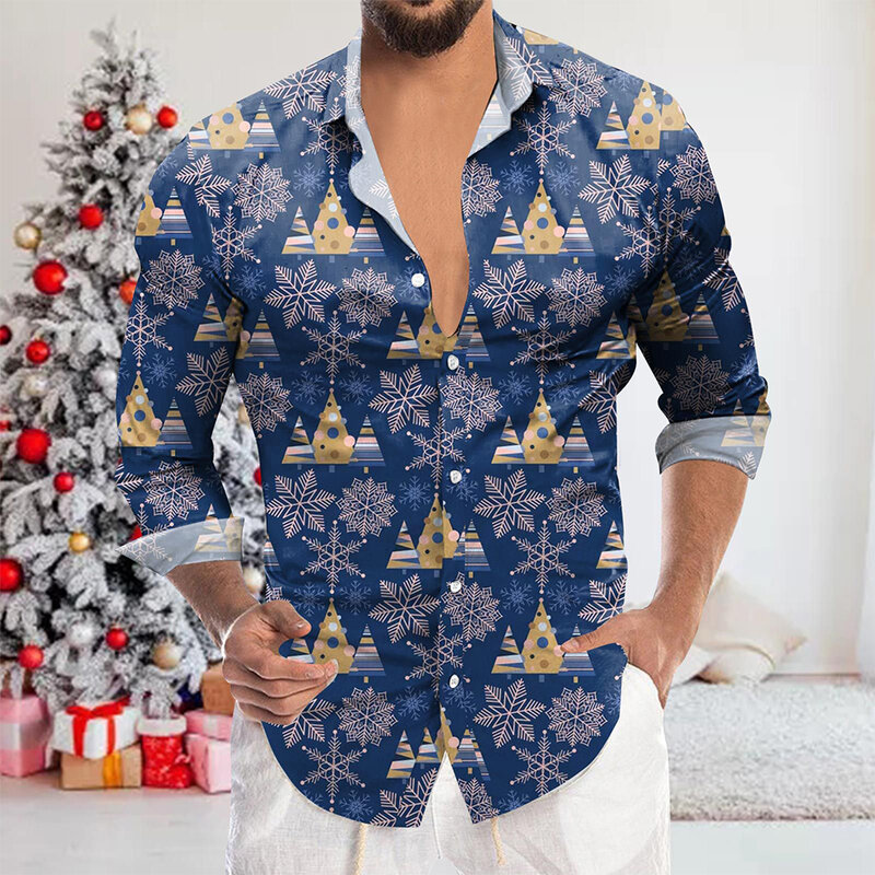 New Men's Shirts Christmas Print Lapel Collar Long Sleeve Shirt And Blouses Casual Holiday Party Tops Clothes For Man