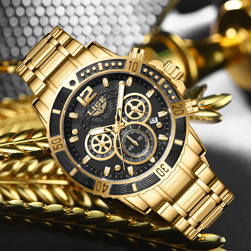 LIGE jam tangan olahraga pria, arloji merek mewah terbaik tahan air konograf Quartz militer asli baja penuh untuk lelaki