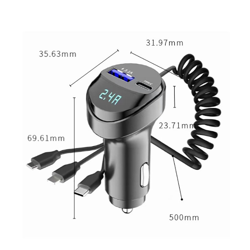 2 Ports USB Fast Car Phone Charger 3.1A Voltage Display Car 3in1 USB Retractable Charging Cable For Truck Automobile Vehicle