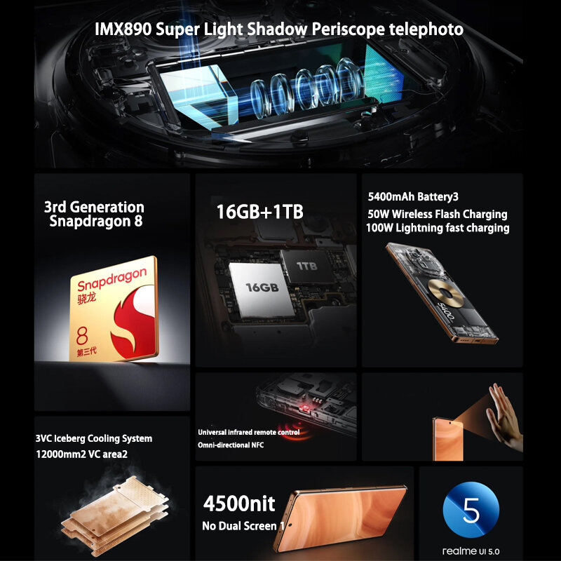 Realme-GT5 Pro 5G Smartphone, celulares Android, Snapdragon 8, Gen 3, 16GB + 1TB, carga sem fio, NFC Mobile Phone, ROM global