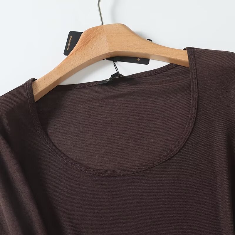 Camiseta feminina fina com decote em U, punho retrô de cinco pontos, top glamoroso, nova moda, 2022
