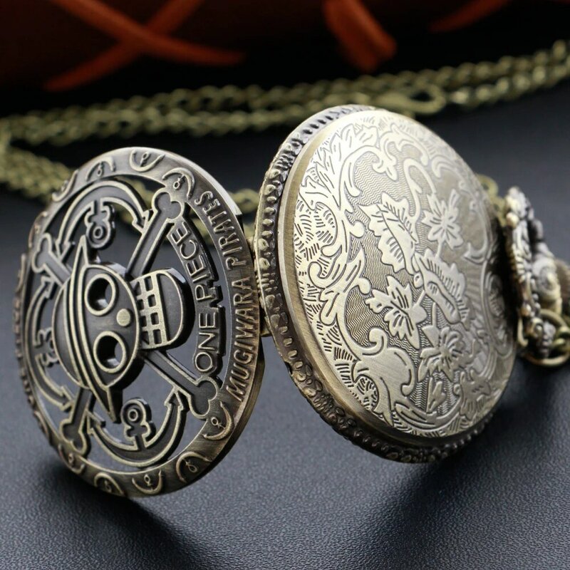 Popular Animation Pirates Show Quartz Pocket Watch Vintage Bronze Fob Chain Roman Digital Round Dial Necklace Pendant Clock Gift