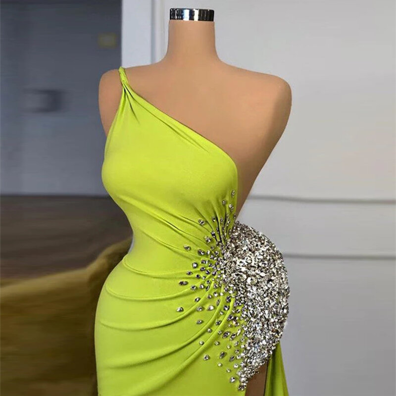 Gaun panjang tanpa lengan bahu terbuka garpu tinggi manik-manik seksi mewah gaun pesta malam gaun putri duyung elegan wanita 2023