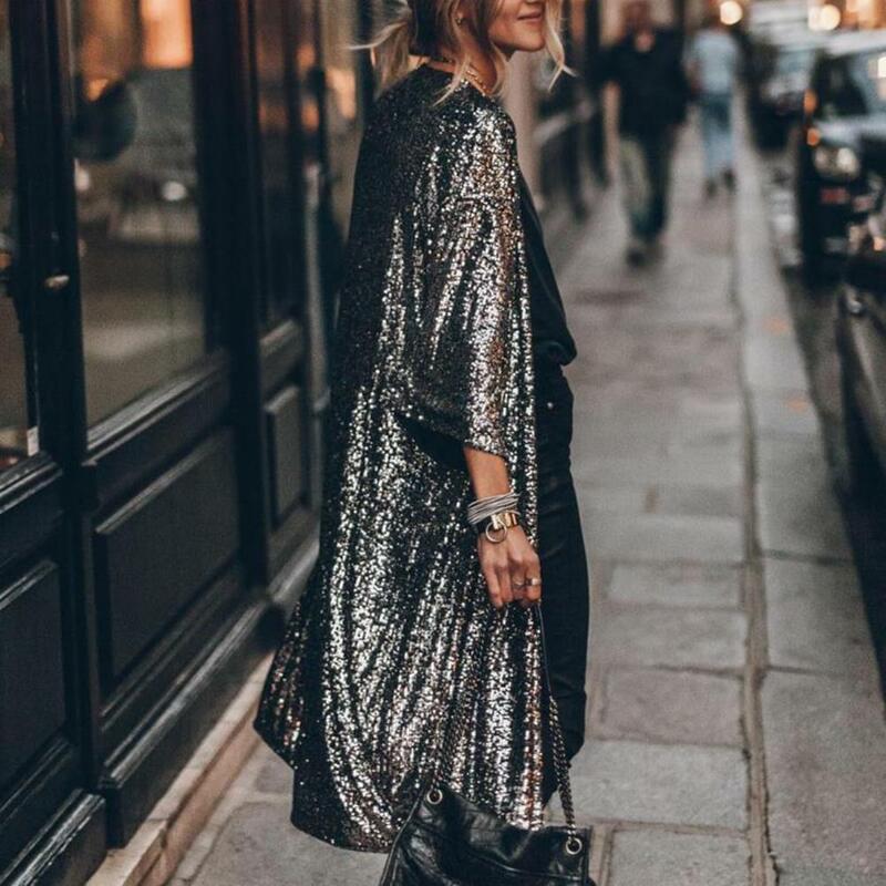 Shiny Sequins Women Cardigan Coat Shiny Glitter Coat Night Club Party Casual Cape Jacket Loose Outerwear No Buttons Gown Cape