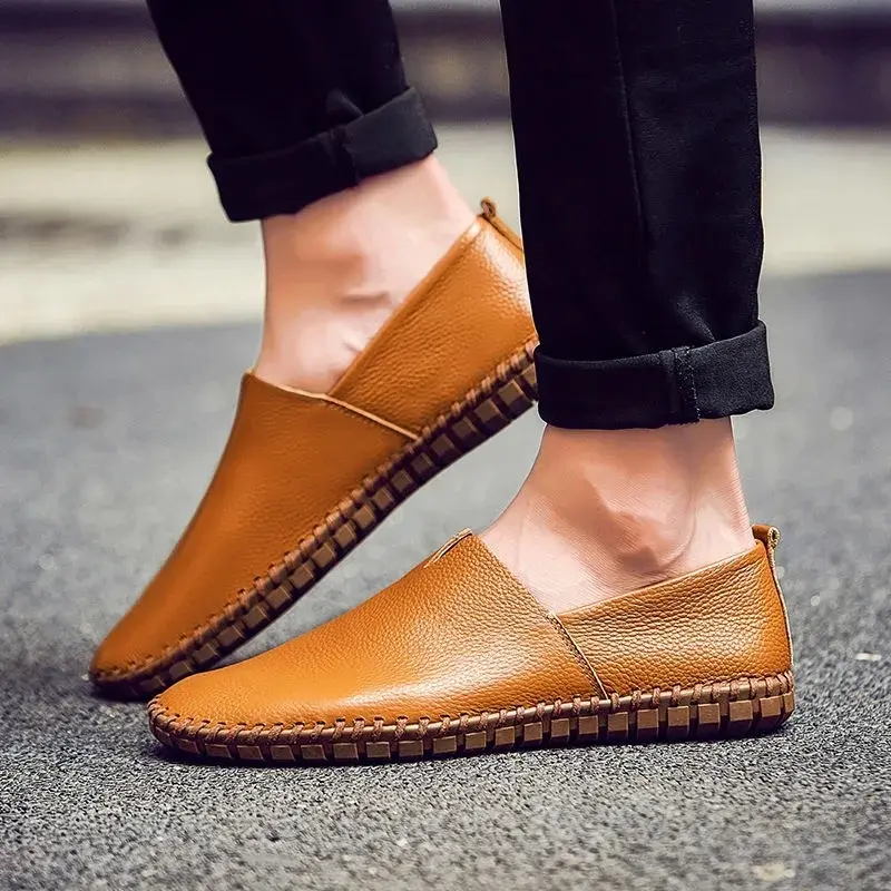 Leather Shoes Men Fashion Genuine High Quality Luxury Brand Comfortable Men Casual Driving Boat Loafers Sleeve Embossed Shoes
