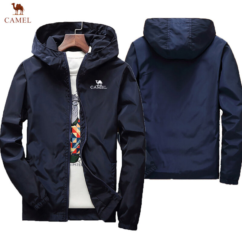 남성용 후드 자외선 차단 재킷, 느슨한 지퍼 방풍 캐주얼 재킷, 대형 밝은 색상, 카멜 자수, 야외 캠핑