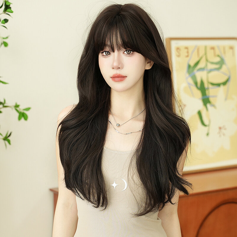 NAMM Long wavy Deep Brown Wig for Women Daily Party High Density Synthetic Deep Brown Hair Wigs with Bangs Natural