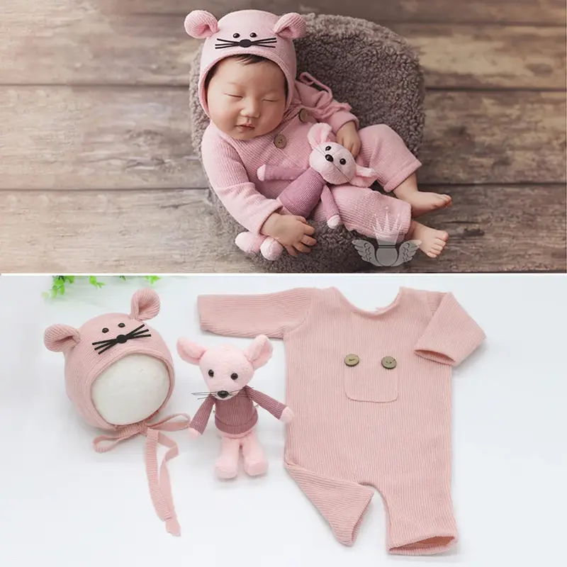 3 Stück Neugeborenen Fotografie Outfit Baby Maus Kostüm Kleidung Baby weich gestrickt Stram pler Bodysuit einteiligen Anzug Hut Puppe Geschenk