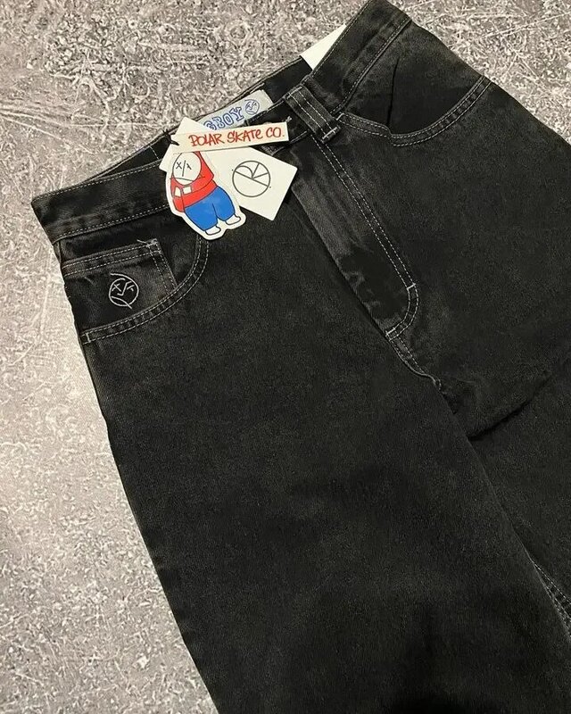 Harajuku Hip Hop kreskówka haft graficzny workowate dżinsy duży chłopiec Jeans Y2K czarne spodnie męskie nowe szerokie spodnie z wysokim stanem