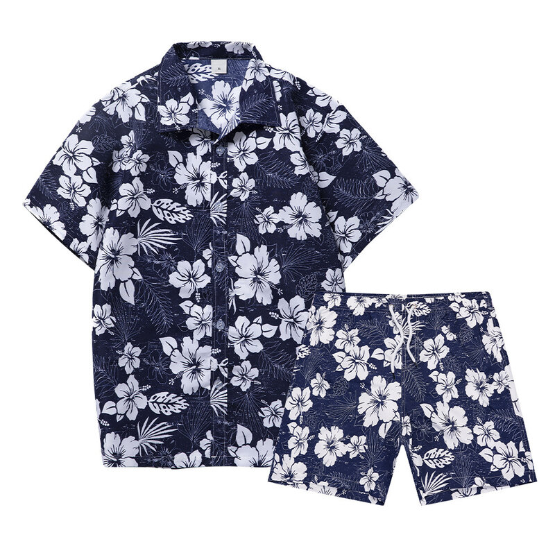 하와이 컬렉션 해변 스타일 2 개 세트 셔츠, 3D 바나나 프린트, 여름 세트 칼라, 반팔 셔츠, 남자 비치 바지 세트