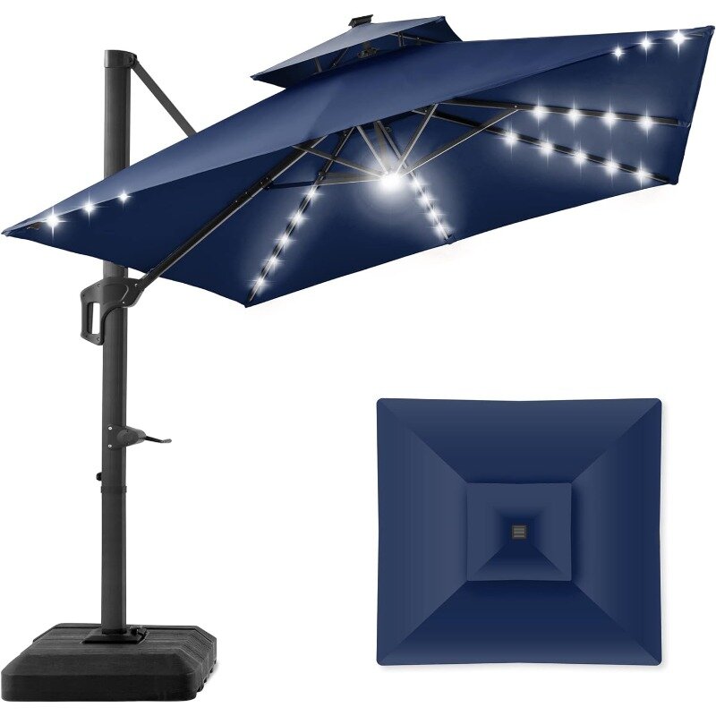 10x10ft 2-Tier Square Cantilever Patio Umbrella with Solar LED Lights, Offset Hanging Outdoor Sun Shade