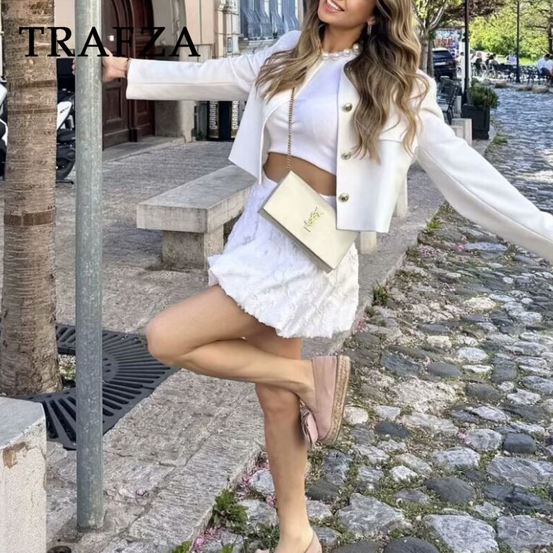 TRAFZA-Mini jupe lanterne Jacquard décontractée pour femme, plissée, fermeture éclair, plis, streetwear, mode élégante, été, 2024