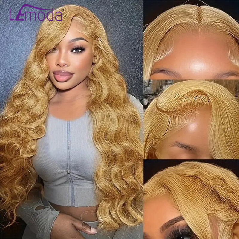 27 Honey Blonde 13x6 HD Lace Frontal Wig rambut manusia Real HD renda sebelum dipetik 13x4 gelombang Tubuh 250 kepadatan 27 # Wig berwarna 32 34In