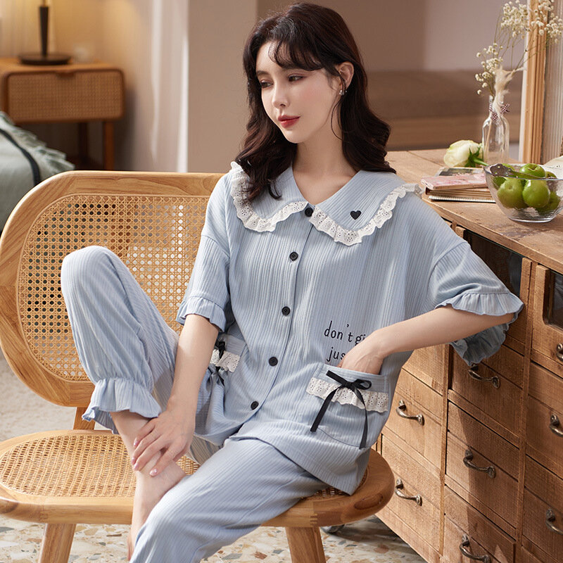 Spring Autunm New Women Cotton Long Sleeve Homewear Suit Lady Loose Casual Sleepwear Cartoon Pajamas Nightwear