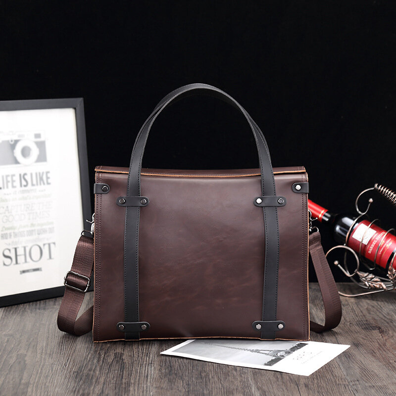 Large capacity vintage business fashion one-shoulder diagonal crossover PU leather briefcase