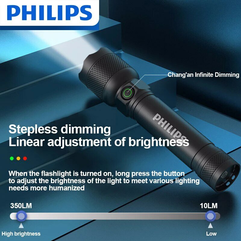 Philips-Lanterna Impermeável LED com USB, Bateria Recarregável 18650, 4 Modos de Iluminação, Acampamento ao Ar Livre, Lanternas de Autodefesa