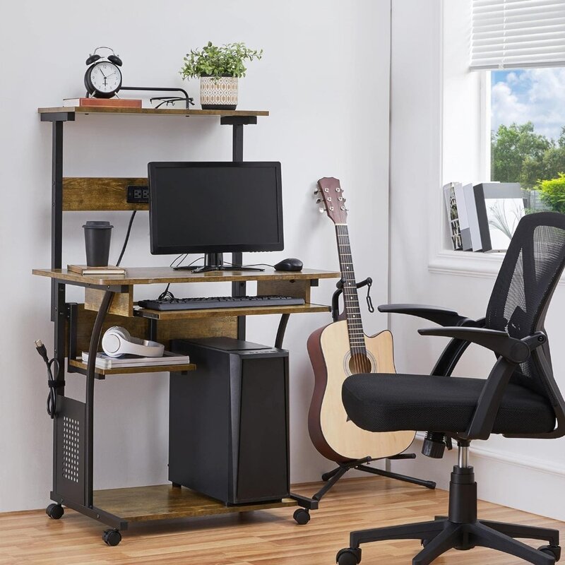 3 poziomy toczące się biurko komputerowe na kółkach z stacja ładowania i z podstawką na klawiaturę, biurko do pracy w domu mobilna stacja robocza do laptopa