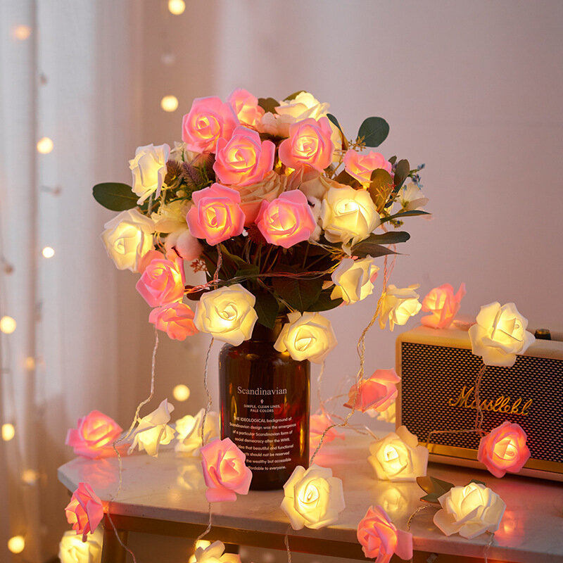 Guirnalda de luces LED de flor de Rosa Artificial para el Día de San Valentín, guirnalda de hadas, Decoración de mesa de boda para habitación